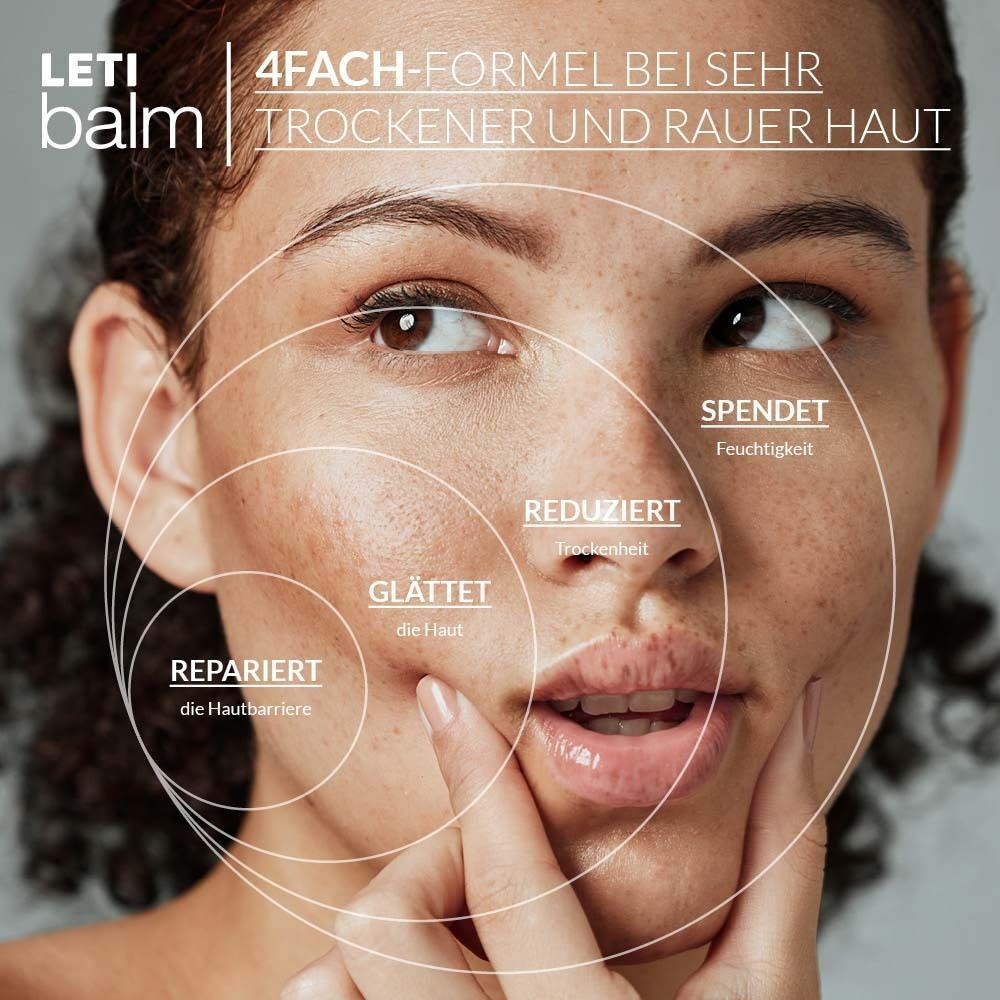 Gesicht einer Frau mit Kreisen. Text: LETI balm, 4-fach-Formel. Repariert, glättet, reduziert Trockenheit, spendet Feuchtigkeit.