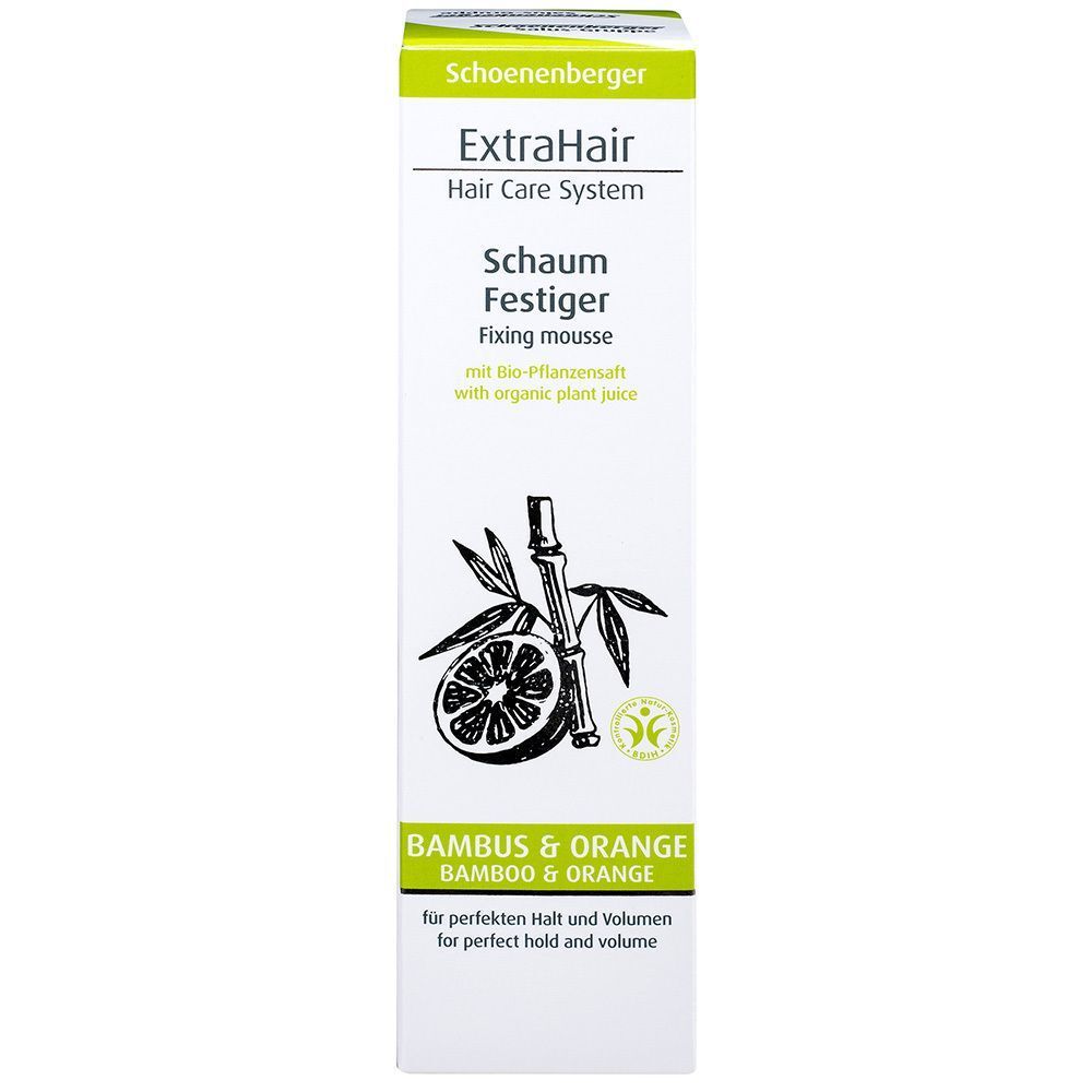Schoenenberger ExtraHair Schaumfestiger in weißer Verpackung. Produktname, Bambus- und Orangen-Illustration. Text: für perfekten Halt und Volumen.