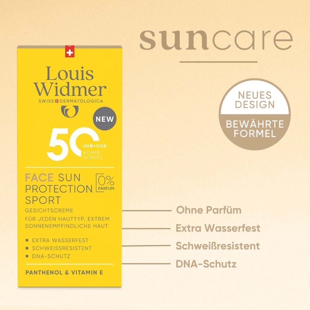 Gelbe Verpackung Louis Widmer Sun Protection Sport 50+. Text: 50+, Face Sun Protection Sport, 0% Parfum, DNA-Schutz.