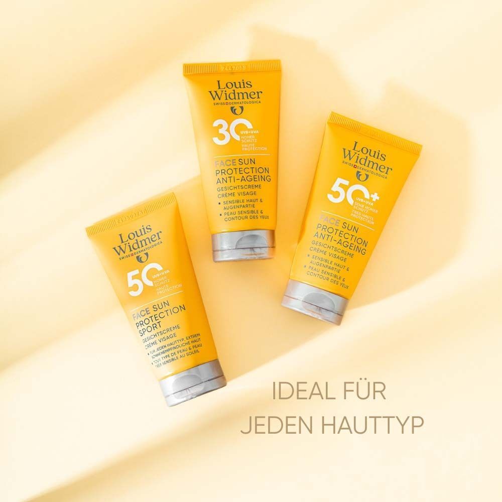 Drei Tuben Louis Widmer Sun Protection. Text: Ideal für jeden Hauttyp.