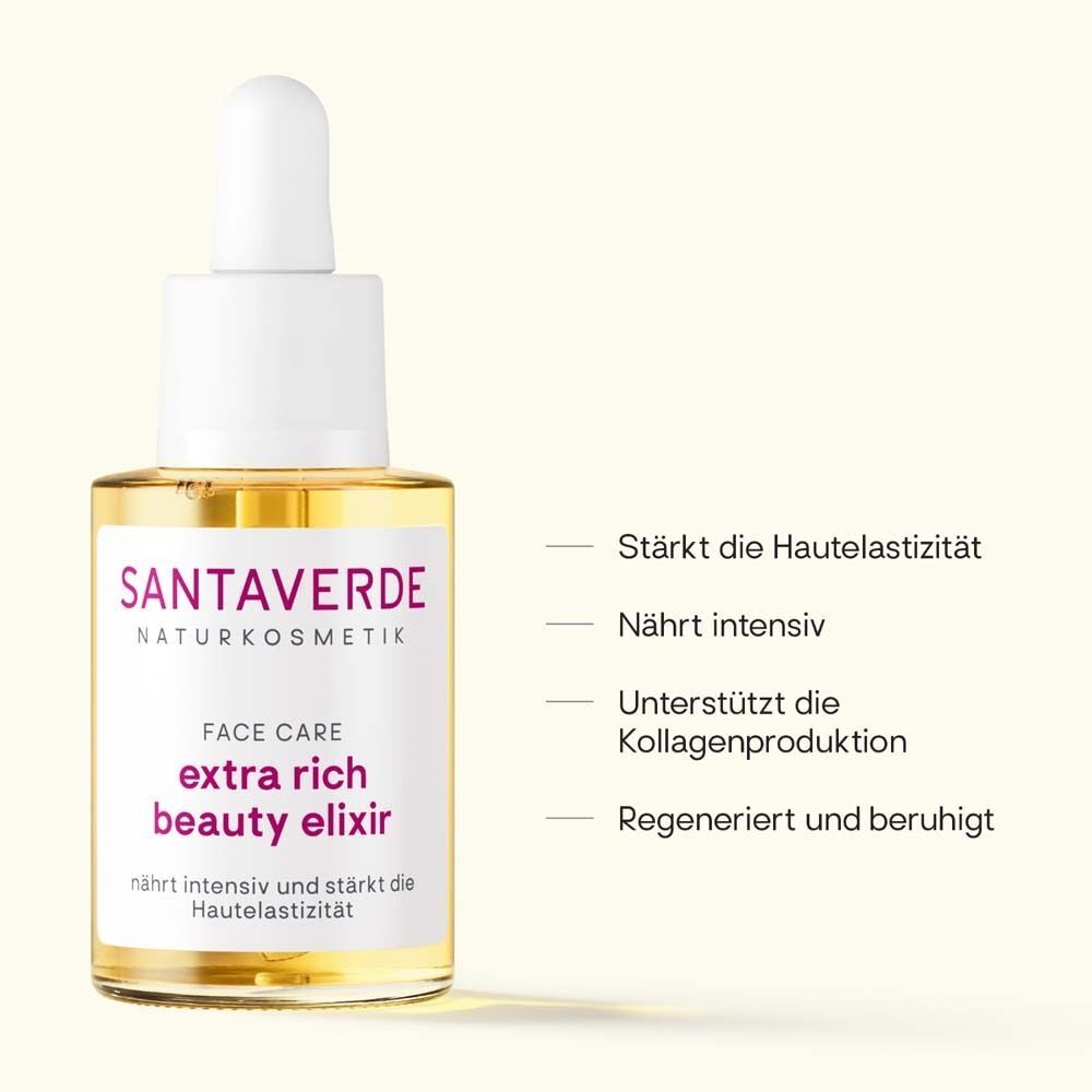 SANTAVERDE Gesichtsöl-Flasche mit Pipette. Aufschrift: extra rich beauty elixir. Textzeilen: stärkt die Hautelastizität, nährt intensiv.