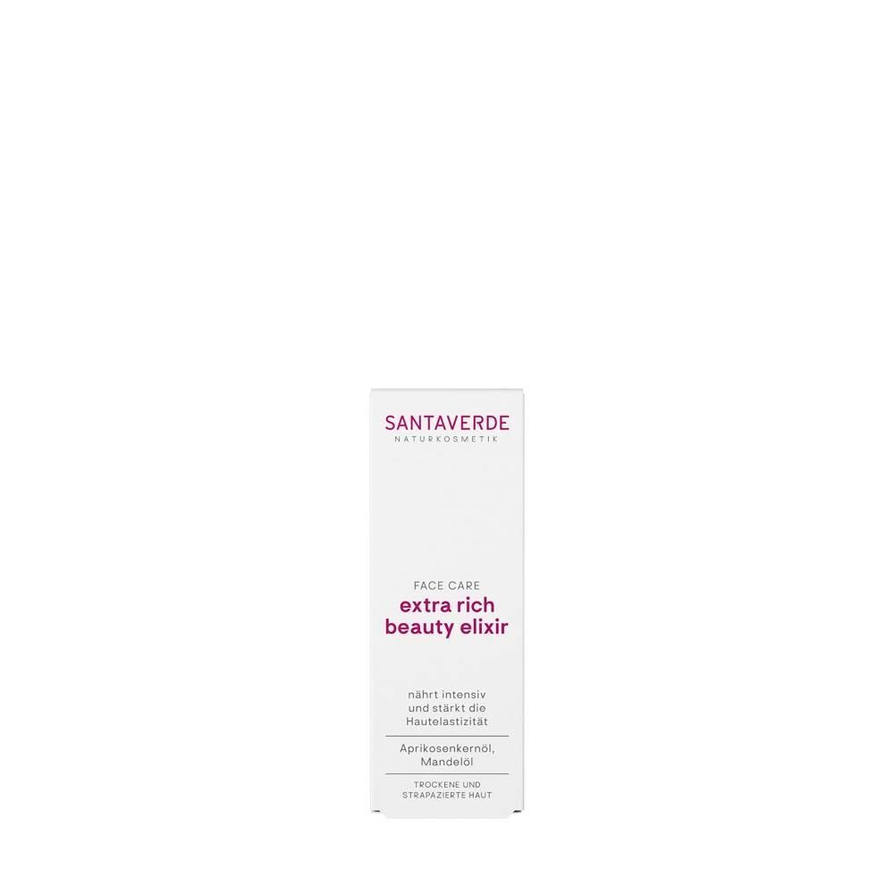 Verpackung von SANTAVERDE Gesichtsöl. Aufschrift: extra rich beauty elixir. Text: nährt intensiv und stärkt die Hautelastizität.