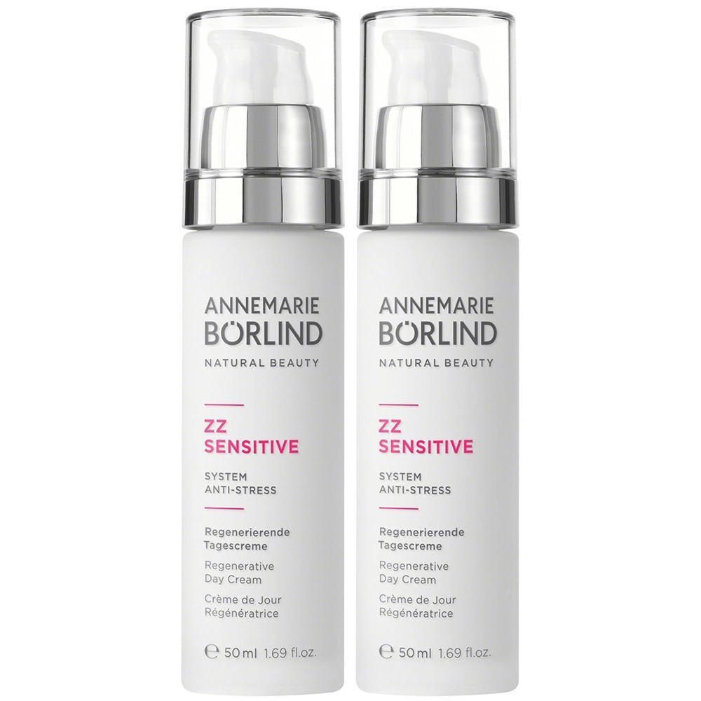 Zwei weiße Pumpflaschen ANNEMARIE BÖRLIND ZZ SENSITIVE Regenerierende Tagescreme, je 50ml.