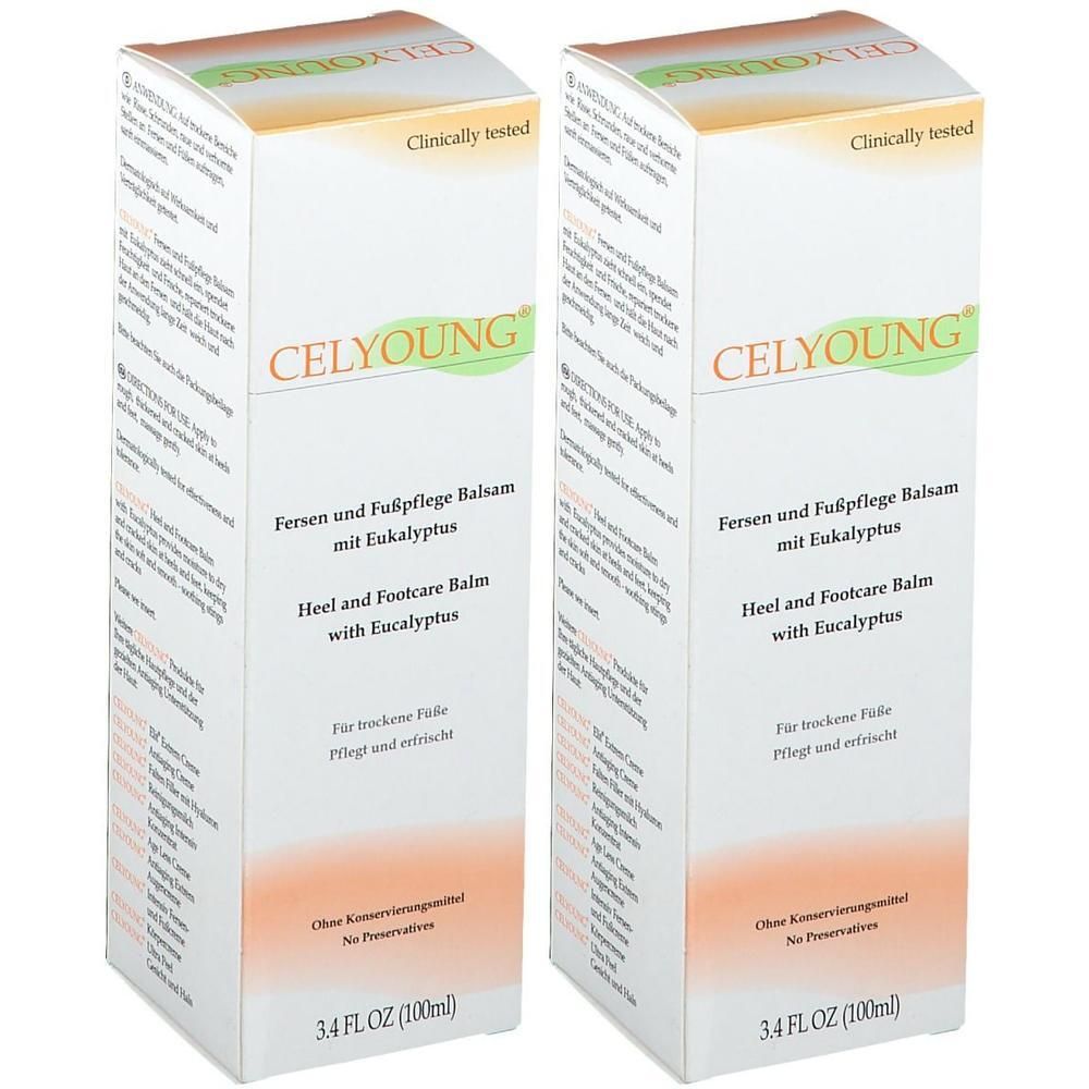 Zwei weiße Kartons mit Produktaufdruck. Aufschrift: CELYOUNG, Fersen und Fußpflege Balsam mit Eukalyptus. Klinisch getestet. 3.4 FL OZ (100ml).