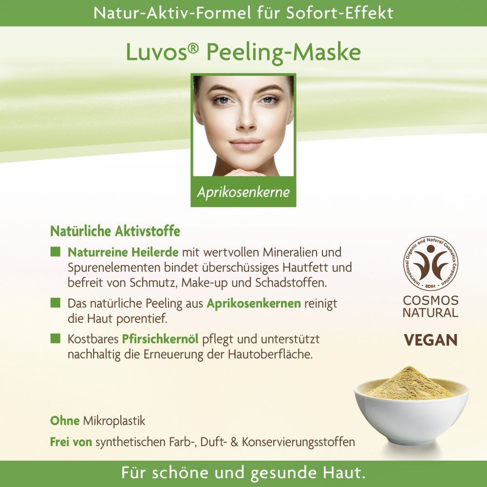 Luvos Heilerde Peeling-Maske. Produktbild und Text. Aufzählung von Inhaltsstoffen und Eigenschaften.