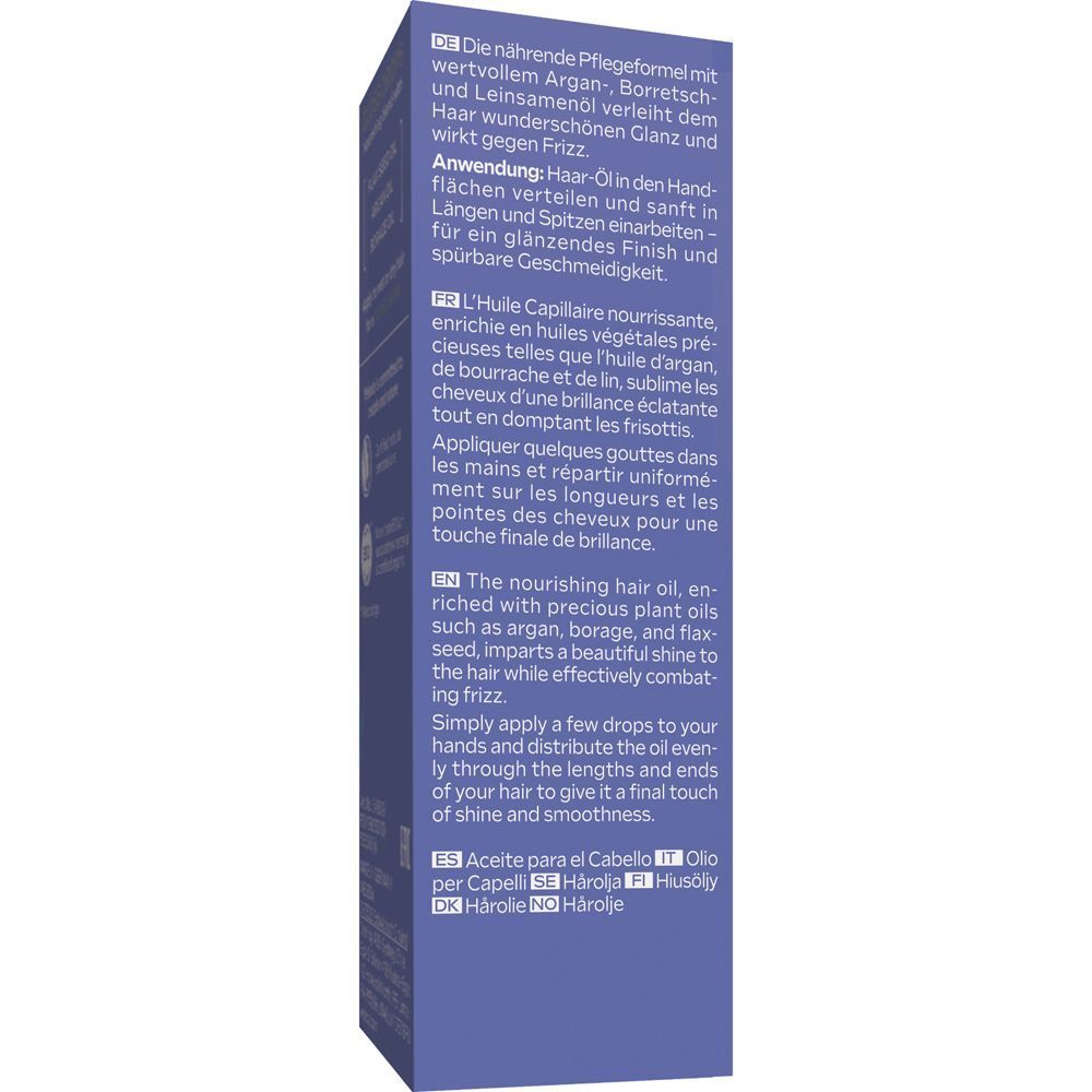 Produktverpackung von Weleda Hydra Shine Gloss Drops Haar-Öl. Text in Deutsch, Englisch, Spanisch, Italienisch, Niederländisch und Dänisch.