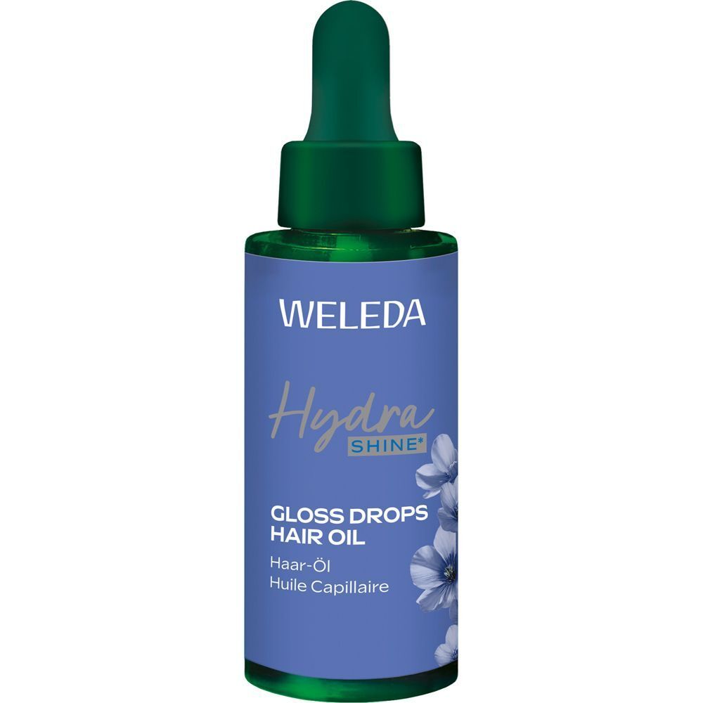 Weleda Hydra Shine Gloss Drops Haar-Öl. Blaue Flasche mit grünem Deckel. Produktname und Logo deutlich sichtbar.