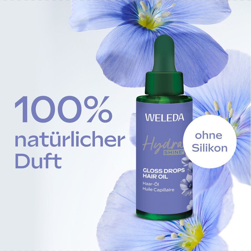 Weleda Hydra Shine Gloss Drops Haar-Öl. Blaue Flasche mit grünem Deckel. Text: 100% natürlicher Duft, ohne Silikon.