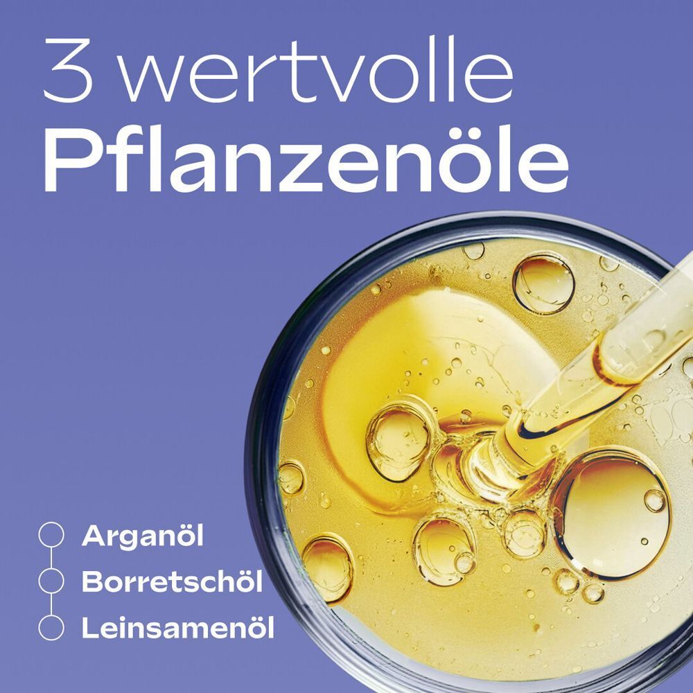 Nahaufnahme von Öl mit drei Pflanzenölen: Arganöl, Borretschöl, Leinsamenöl. Gelber Hintergrund.