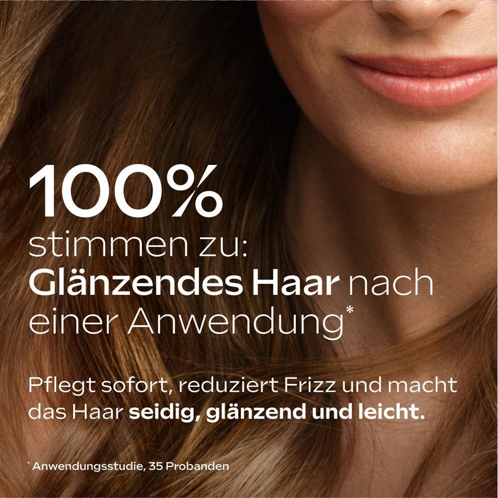 Haar mit Text: 100% stimmen zu: Glänzendes Haar nach einer Anwendung. Pflegt sofort, reduziert Frizz.