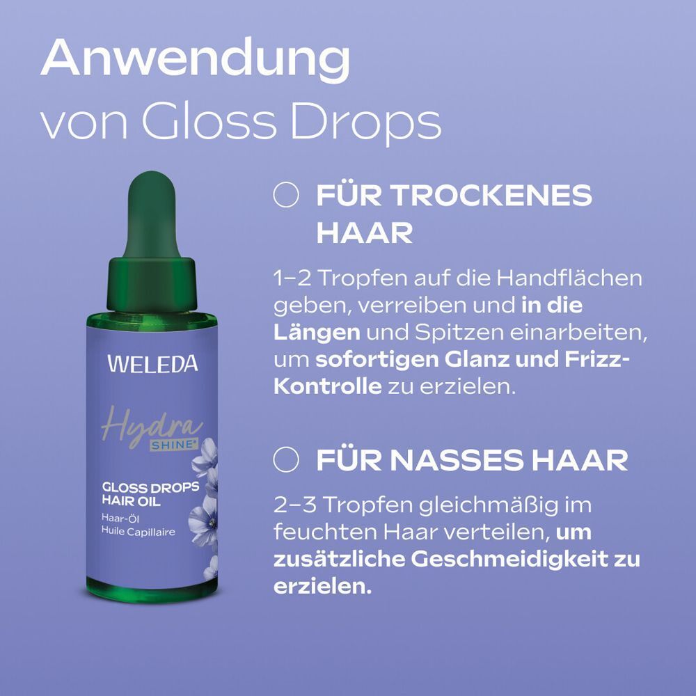Anwendung von Gloss Drops. Für trockenes und nasses Haar. Produktflasche und Anwendungsanleitung.