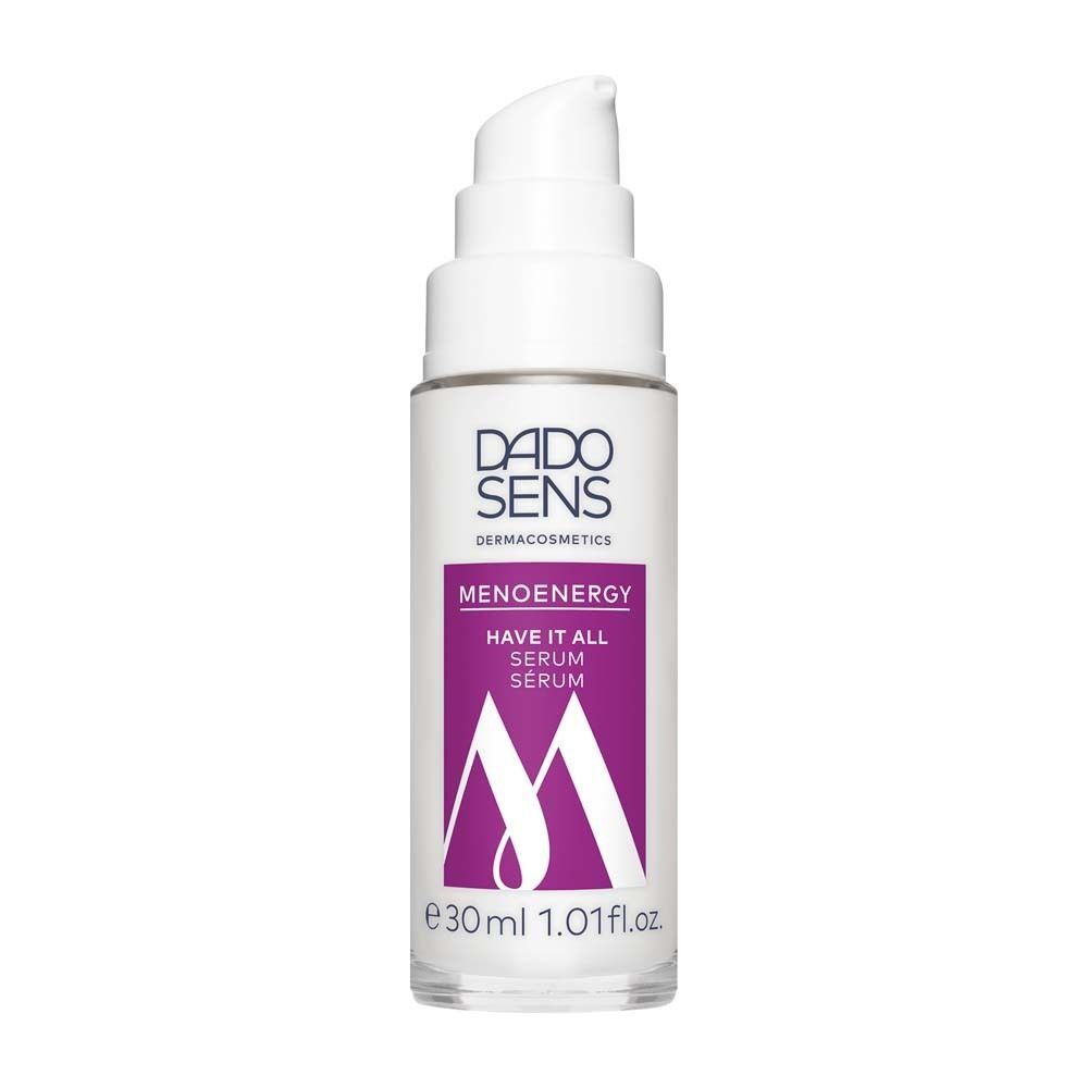 DADO SENS Menoenergy Serum Flasche. Weiße Flasche mit lila Etikett. Text: Menoenergy, Have It All Serum. Mit Pumpe.
