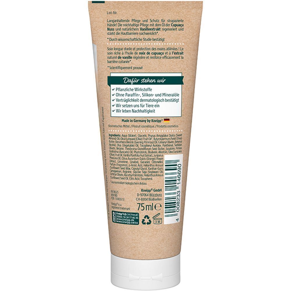 Rückseite einer Tube Kneipp Handcreme. Beige Hintergrund mit Produktinformationen und Inhaltsstoffen. Weißer Schraubverschluss.