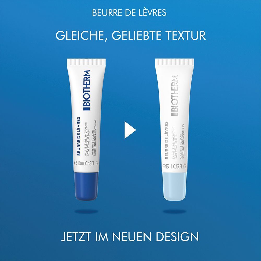 Zwei Tuben Lippenbalsam. Links: blau, rechts: transparent. BIOTHERM-Logo und Produktbezeichnung. Text: Neueres Design.