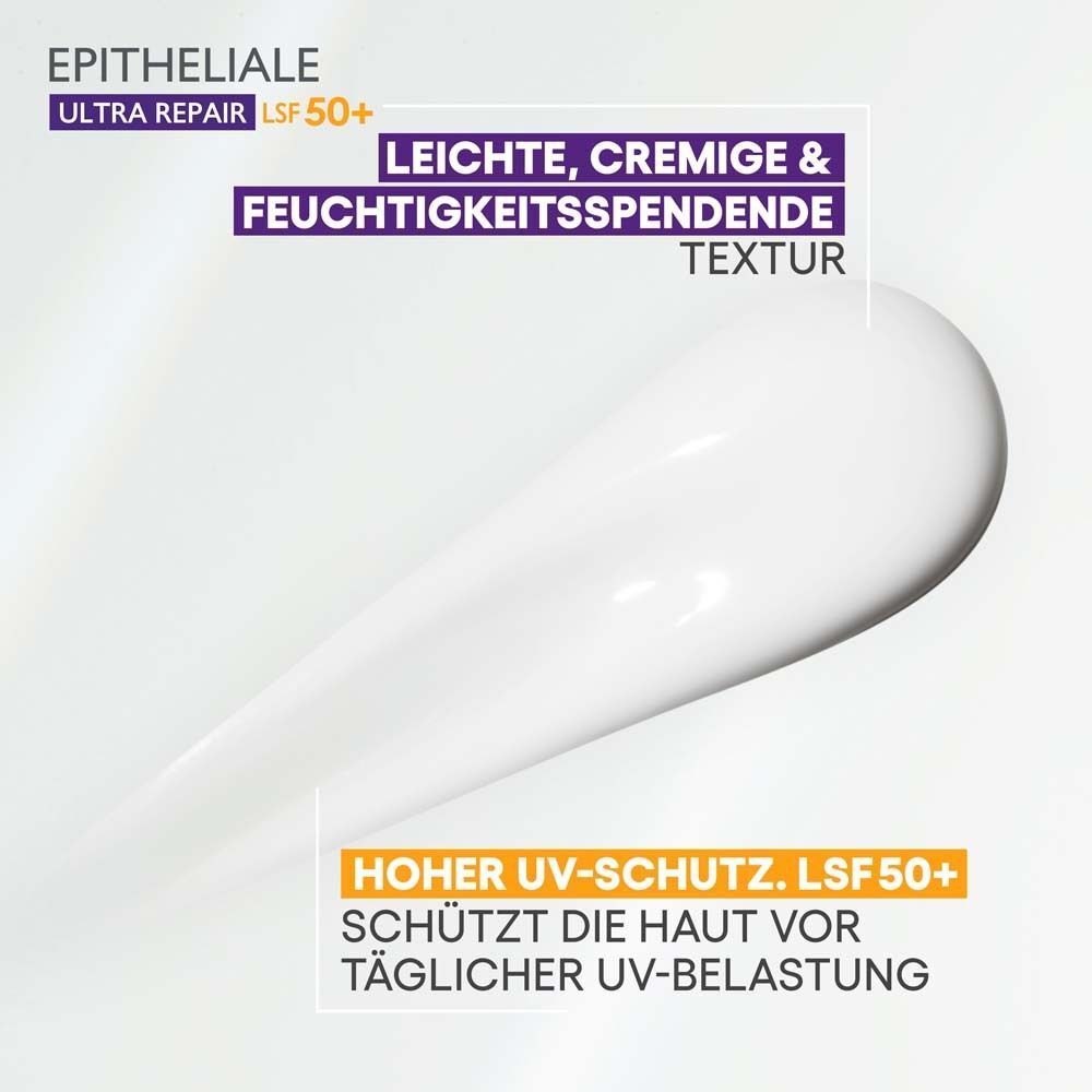 Nahaufnahme von Creme. Text: Leichte, cremige & feuchtigkeitsspendende Textur. Hoher UV-Schutz. LSF 50+.