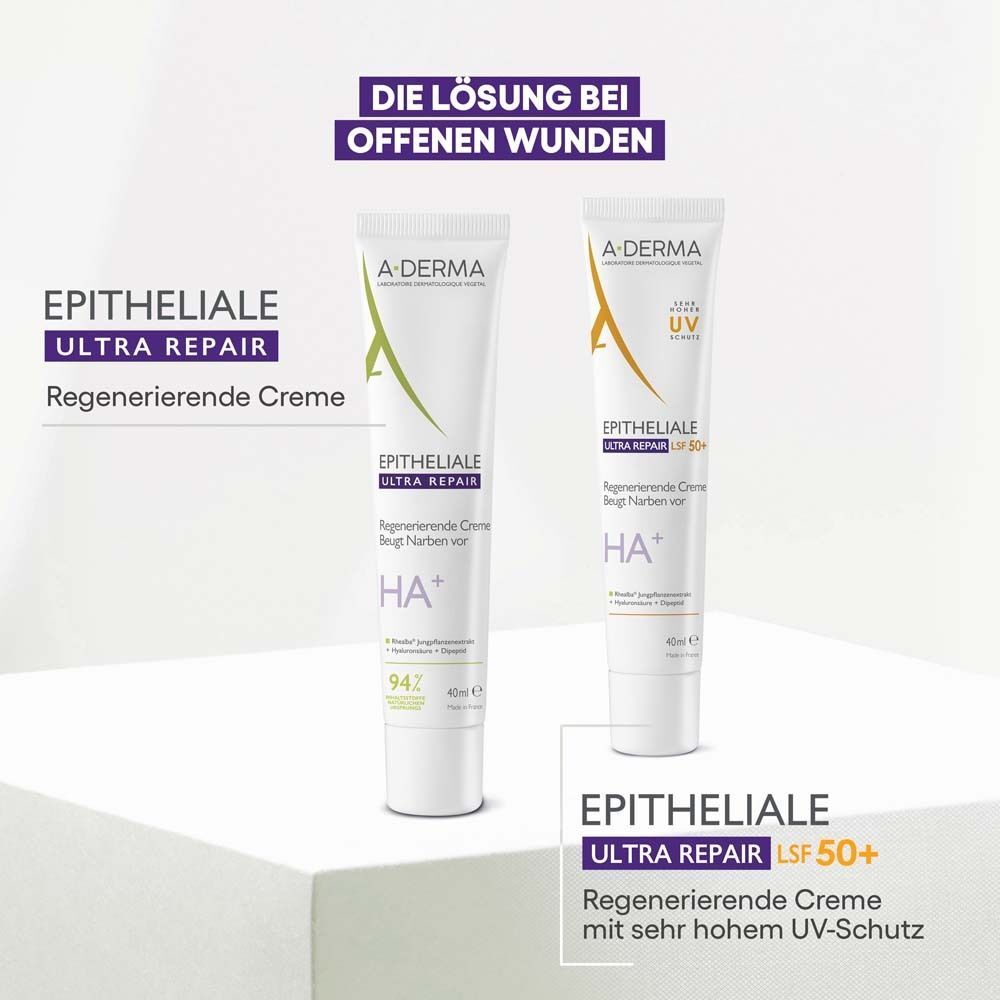 Zwei Tuben A-DERMA EPITHELIALE ULTRA REPAIR. Text: Die Lösung bei offenen Wunden. Regenerierende Creme.
