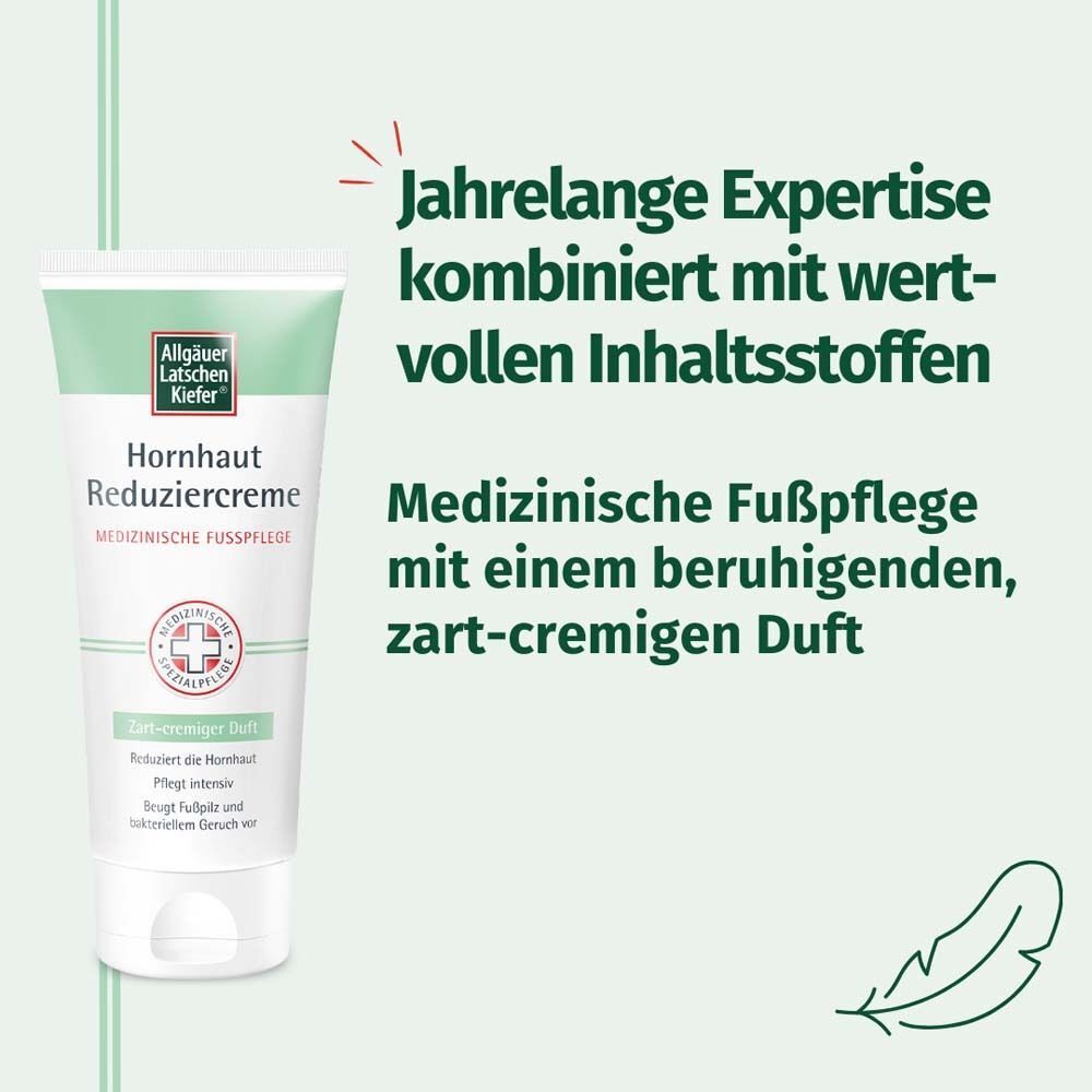 Tube Hornhaut Reduziercreme. Weiß-grüne Verpackung mit Logo und Produktinformationen. Text: Medizinische Fußpflege mit beruhigendem Duft.
