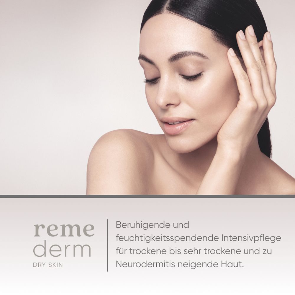 Frau mit Gesicht. Text: Remederm Dry Skin. Beruhigende und feuchtigkeitsspendende Intensivpflege für trockene Haut.
