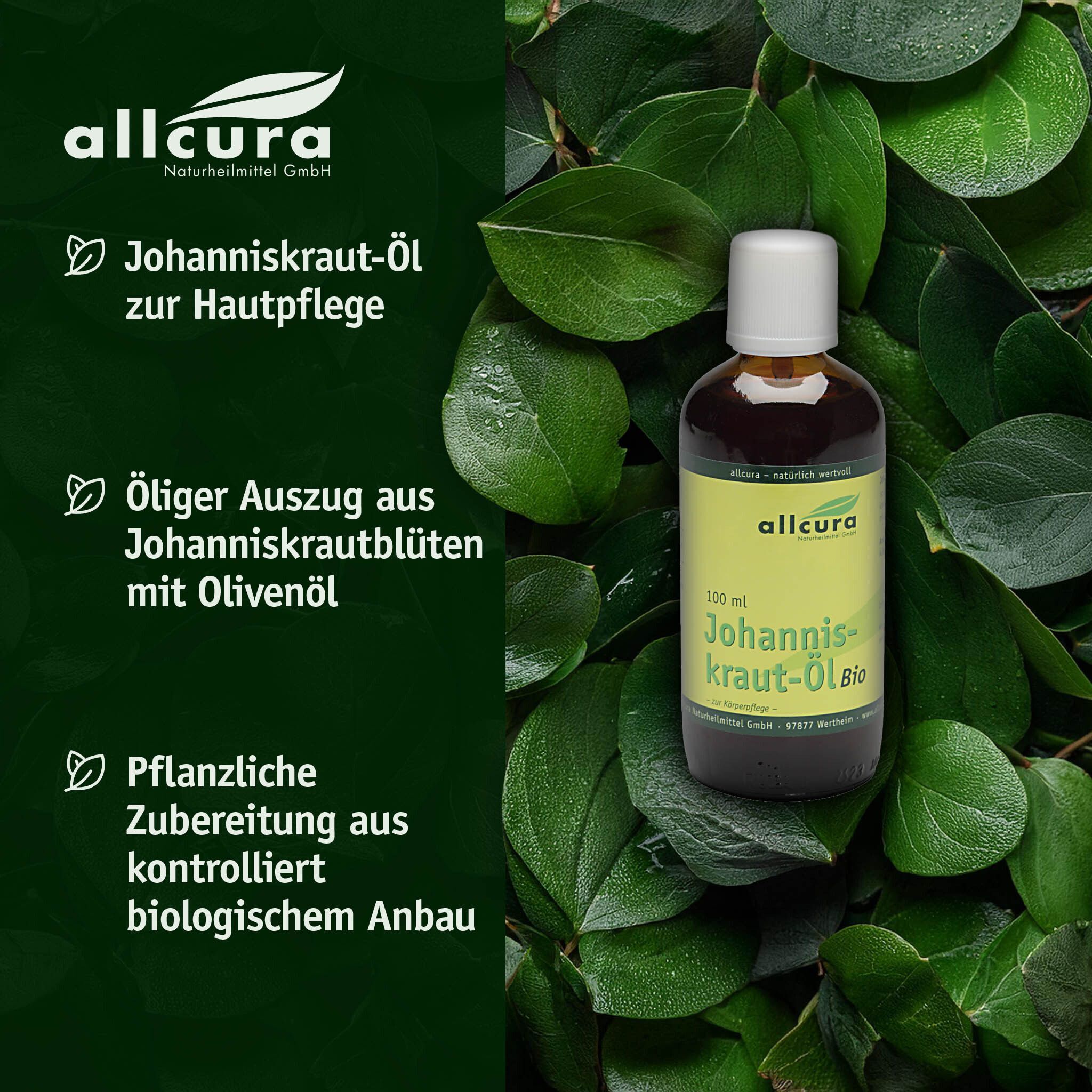 Braune Glasflasche mit weißem Verschluss. Etikett "allcura Johanniskraut-Öl Bio" vor grünem Blattwerk.