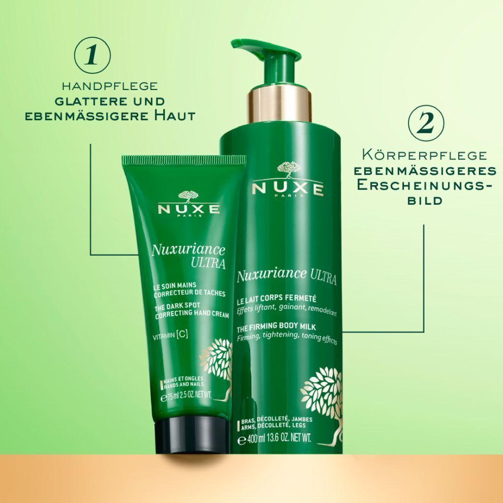Grüne Flasche und Tube NUXE Nuxuriance Ultra. Flasche: Nuxuriance Ultra, Le Lait Corps Fermeté. Tube: Le Soin Mains Correcteur de Taches. Hintergrund grün.