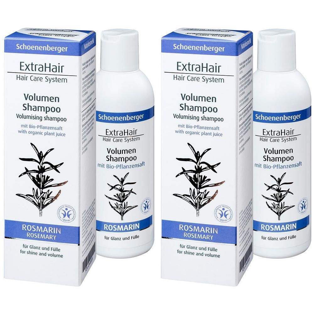 Zwei Flaschen und zwei Kartons Shampoo. Aufschrift: ExtraHair Volumen Shampoo, Rosmarin. Mit Bio-Pflanzensaft.
