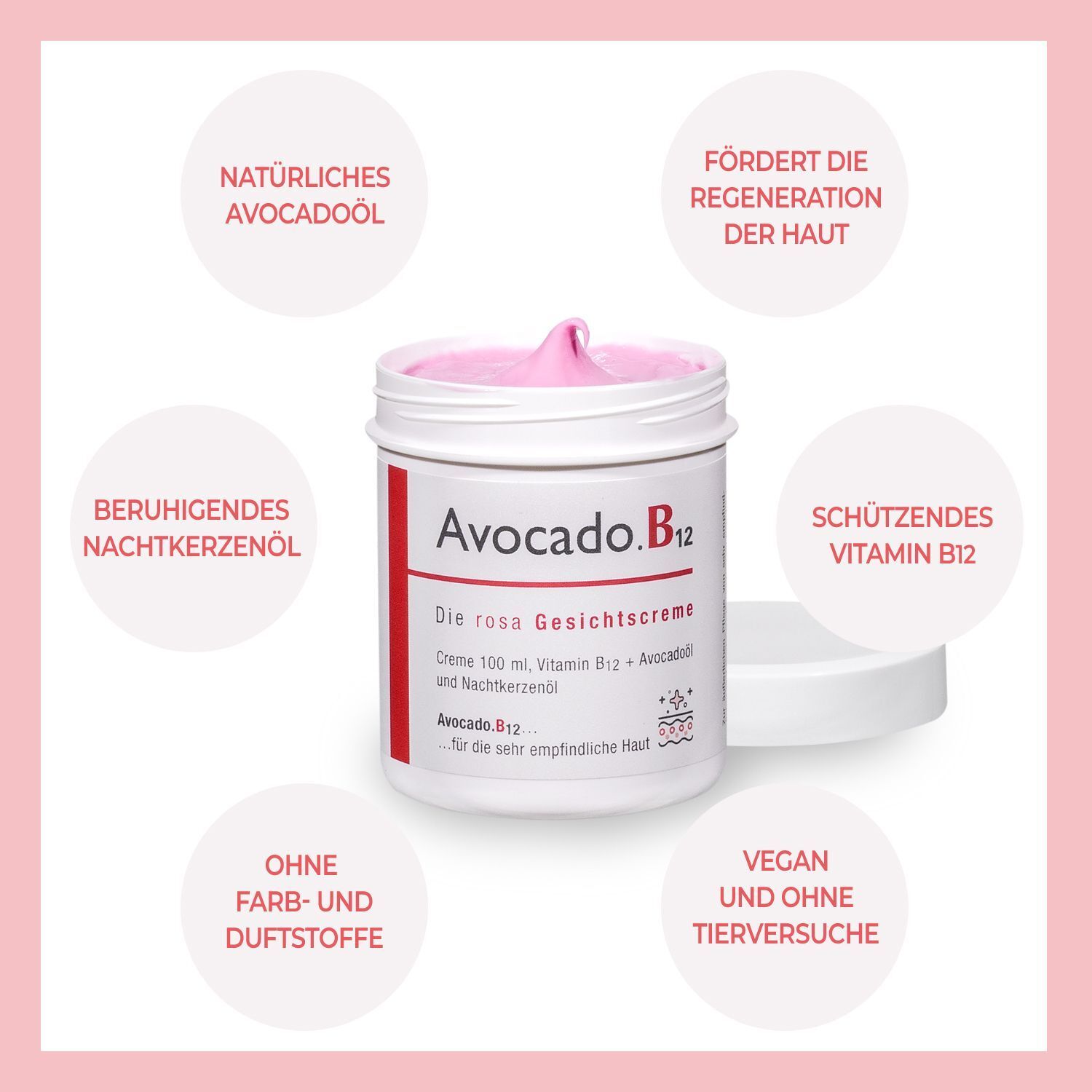 Weißer Tiegel mit rosa Creme, umgeben von Infografiken. Aufschrift: Avocado.B12, Die rosa Gesichtscreme. Deckel daneben.