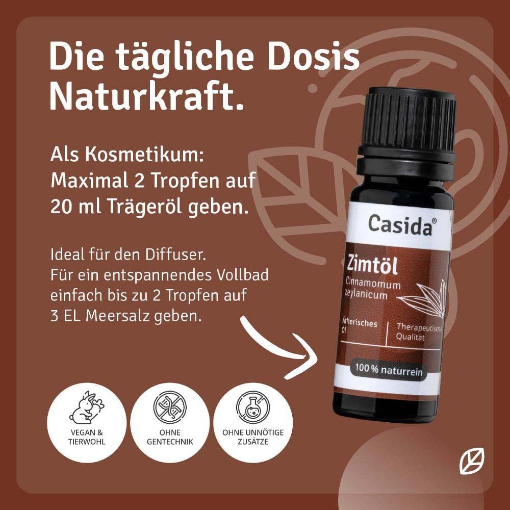 Eine Flasche Casida Zimtöl. Text mit Anwendungshinweisen: Kosmetikum, maximal 2 Tropfen auf 20 ml Trägeröl.