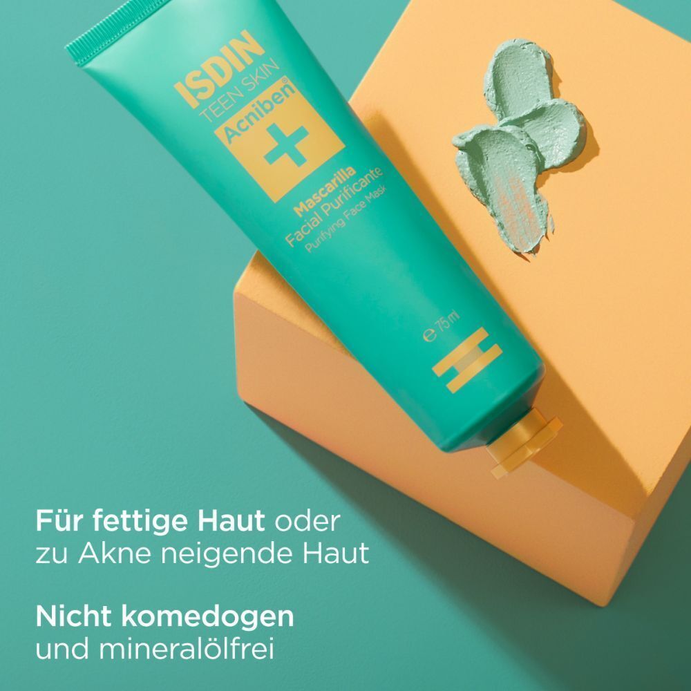 Grüne Tube ISDIN ACNIBEN. Text: Mascarilla Facial Purificante. Auf gelbem und grünem Hintergrund. Text: Für fettige Haut oder zu Akne neigende Haut.