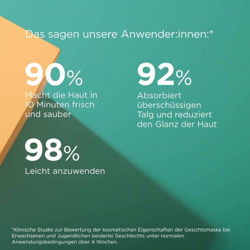 Text: 90% Macht die Haut in 10 Minuten frisch und sauber. 92% Absorbiert überschüssigen Talg. 98% Leicht anzuwenden. Auf grünem Hintergrund.