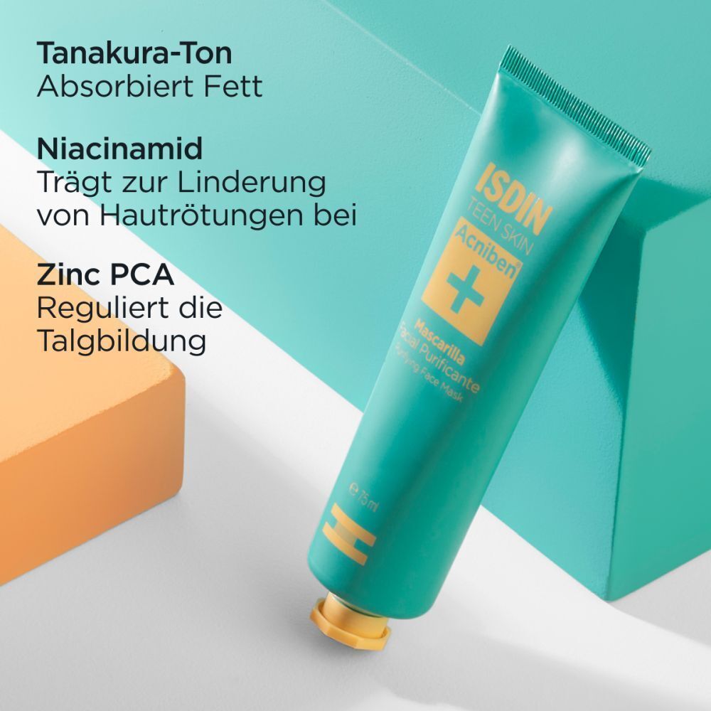 Grüne Tube ISDIN ACNIBEN. Text: Mascarilla Facial Purificante. Text: Tanakura-Ton absorbiert Fett. Niacinamid. Zink PCA reguliert Talg.