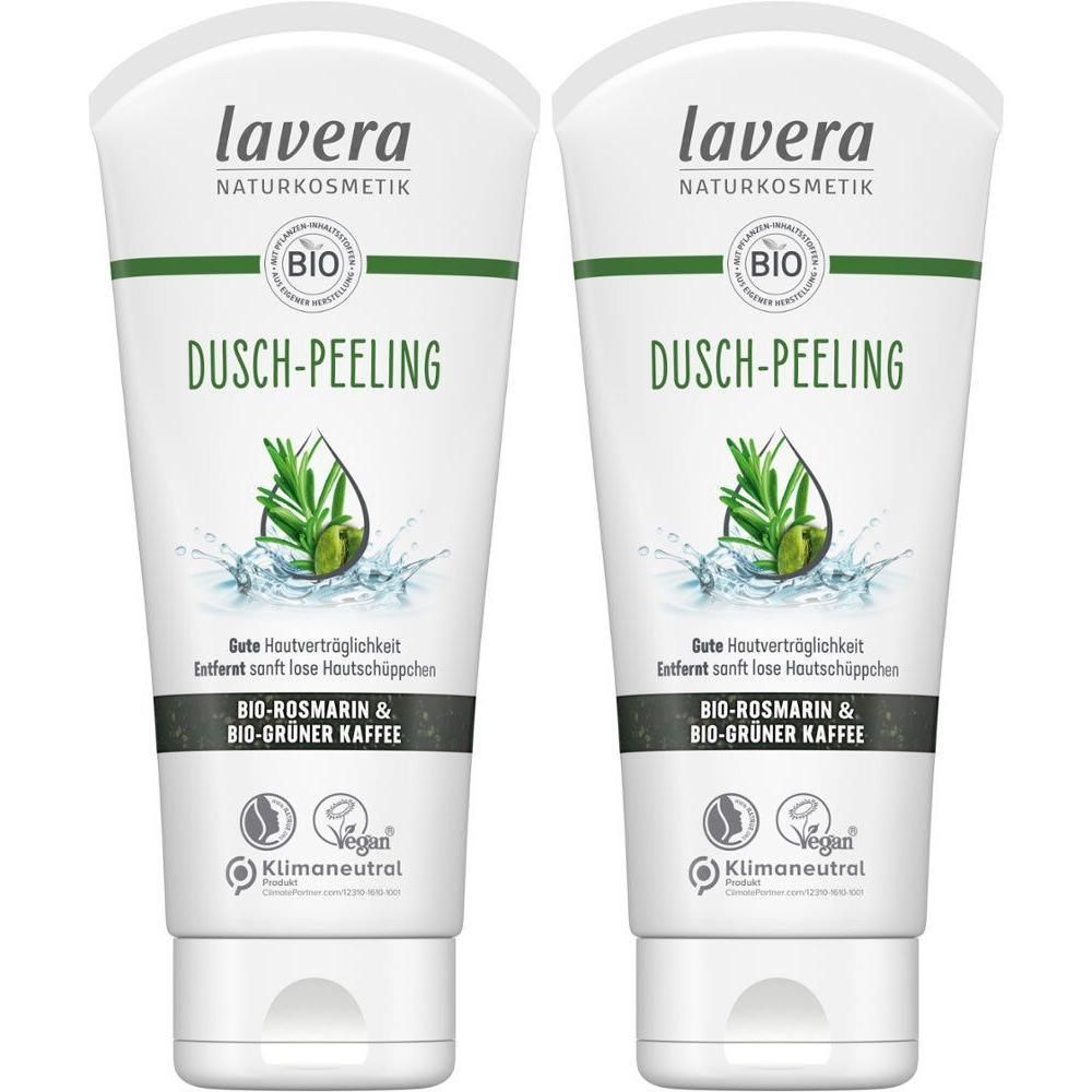 Zwei Tuben mit weißem Hintergrund. Auf jeder Tube steht "lavera NATURKOSMETIK", "BIO", "DUSCH-PEELING", und "BIO-ROSMARIN & BIO-GRÜNER KAFFEE".
