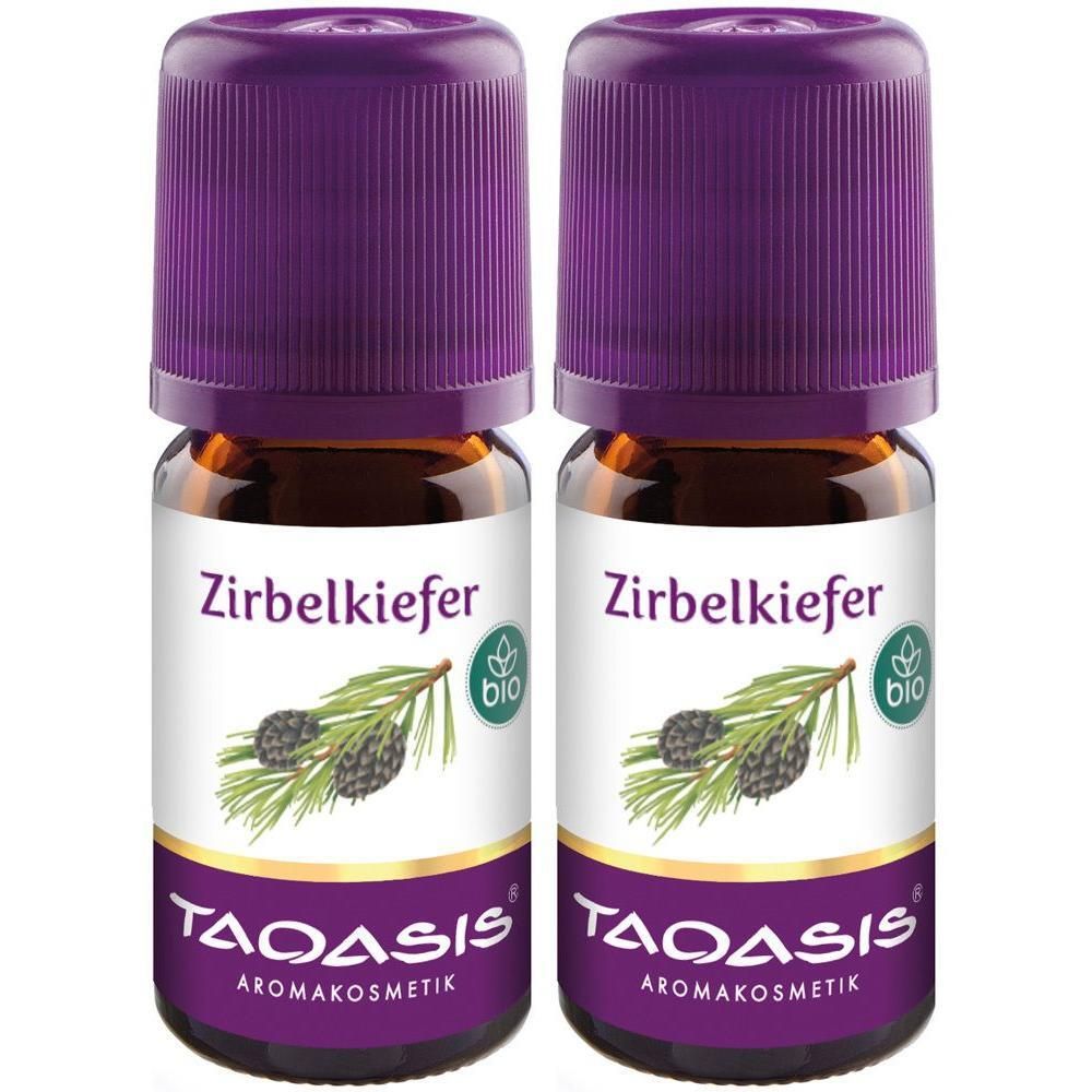 Zwei kleine Glasflaschen mit lila Deckeln. Auf den Etiketten steht "Zirbelkiefer" und "TAOASIS". Bio-Siegel.