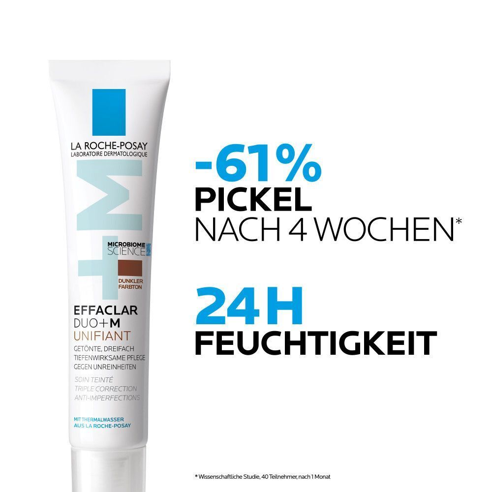 La Roche-Posay Effaclar DUO+ M getönt dunkel Tube mit Text: -61% Pickel nach 4 Wochen, 24H Feuchtigkeit.