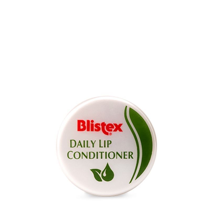 Runde, weiße Dose "Blistex Daily Lip Conditioner" mit grünem Deckel-Design. Produktname in Rot und Grün.