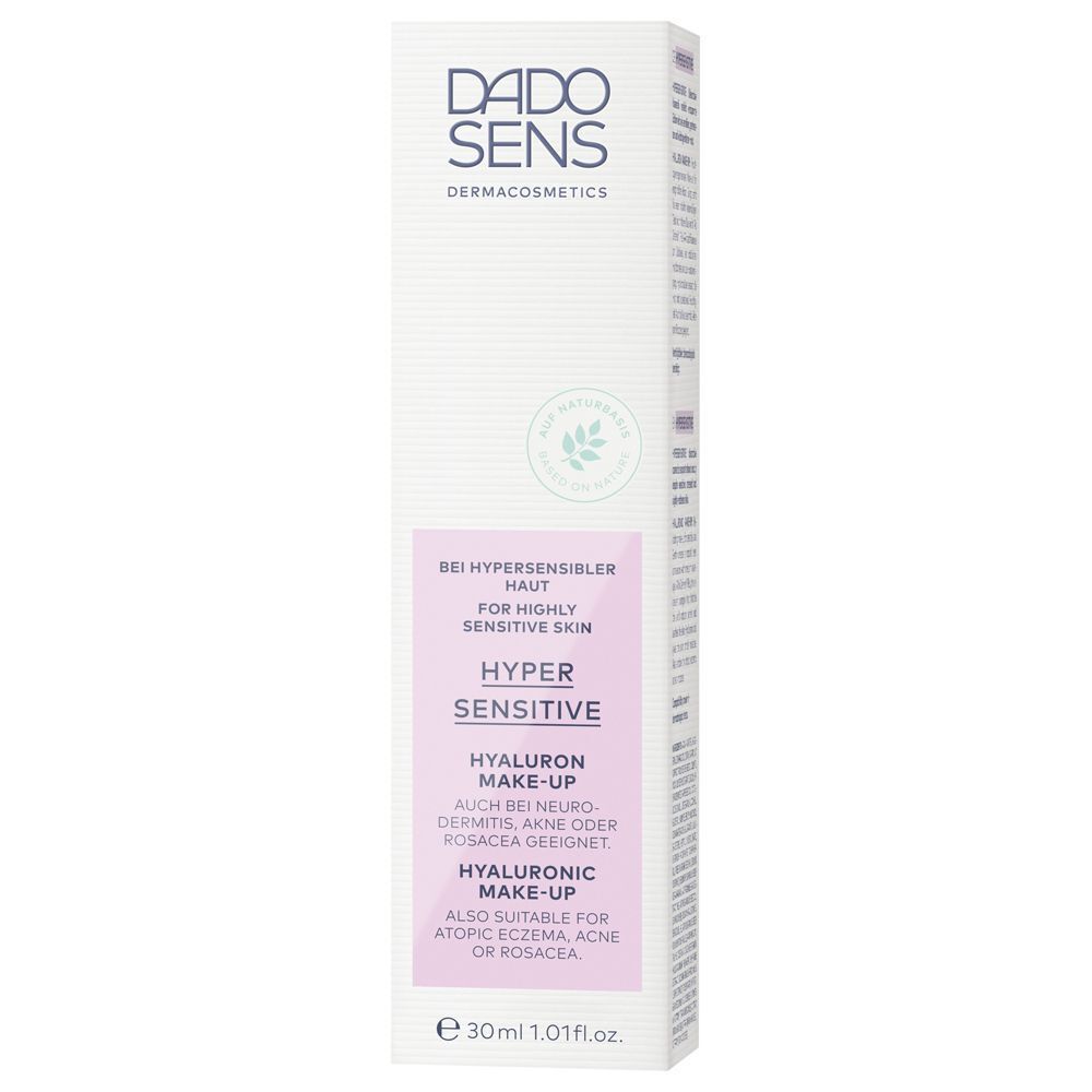 DADO SENS Verpackung. Aufschrift: HYPER SENSITIVE, Hyaluron Make-up. Geeignet für hypersensible Haut. 30ml.