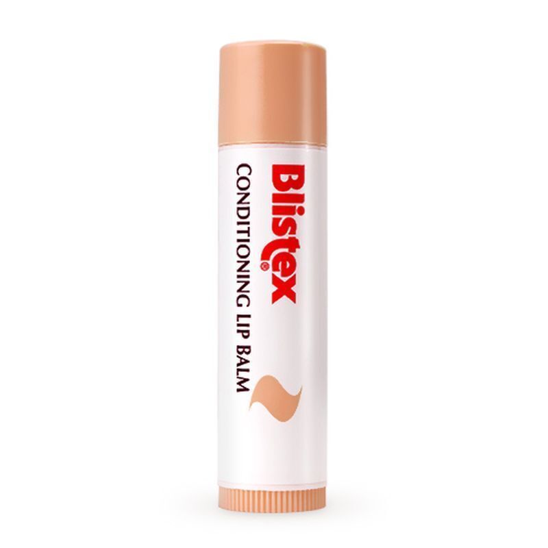 Einzelner Lippenpflegestift. Weißer Stift mit roter Schrift. Aufschrift: Blistex Conditioning Lip Balm. Beige Kappe und Unterteil.