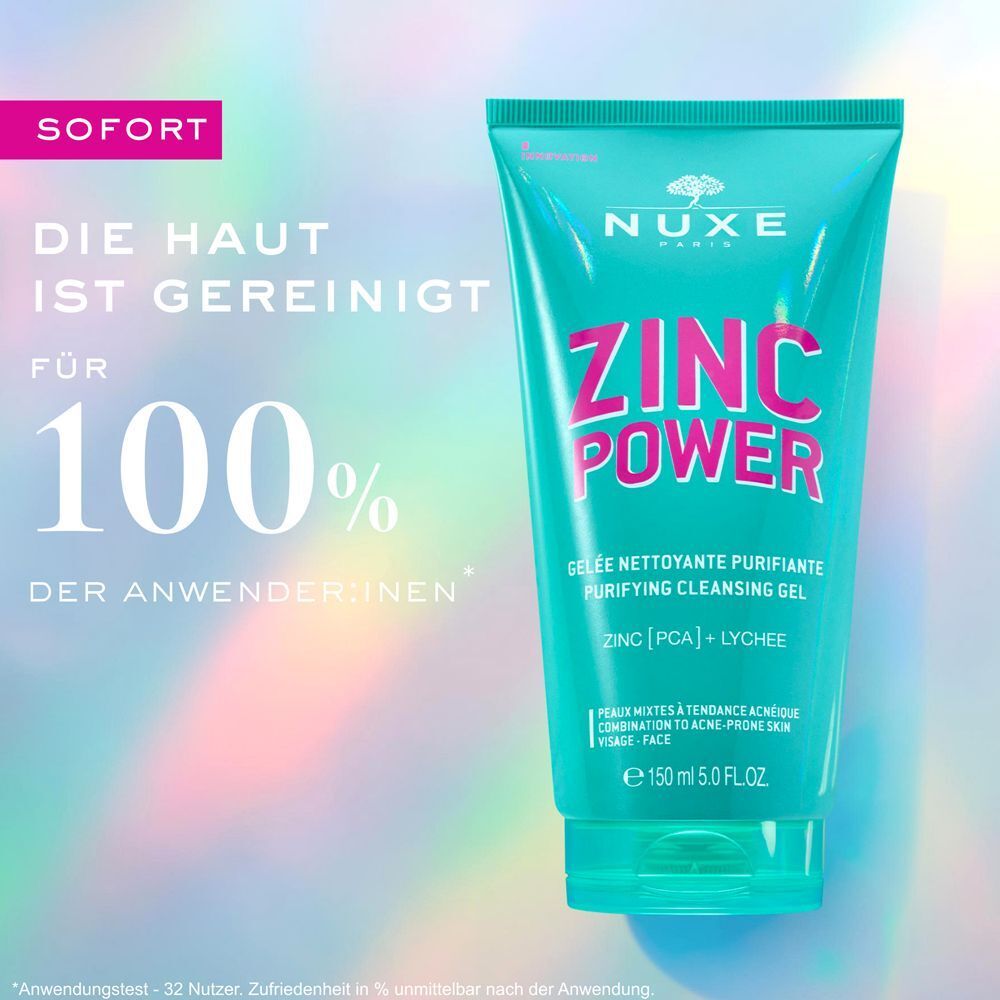 Türkisgrüne Tube mit rosa Schriftzug ZINC POWER und NUXE Logo. Text: Gelee Nettoyante Purifiante. Hintergrund mit Text: SOFORT, 100%.