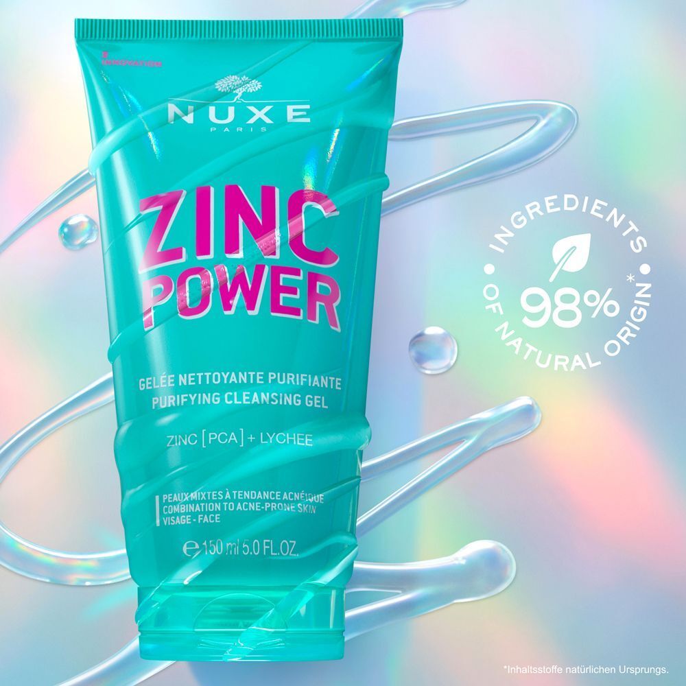Türkisgrüne Tube mit rosa Schriftzug ZINC POWER und NUXE Logo. Text: Gelee Nettoyante Purifiante. Text: 98% Inhaltsstoffe natürlichen Ursprungs.