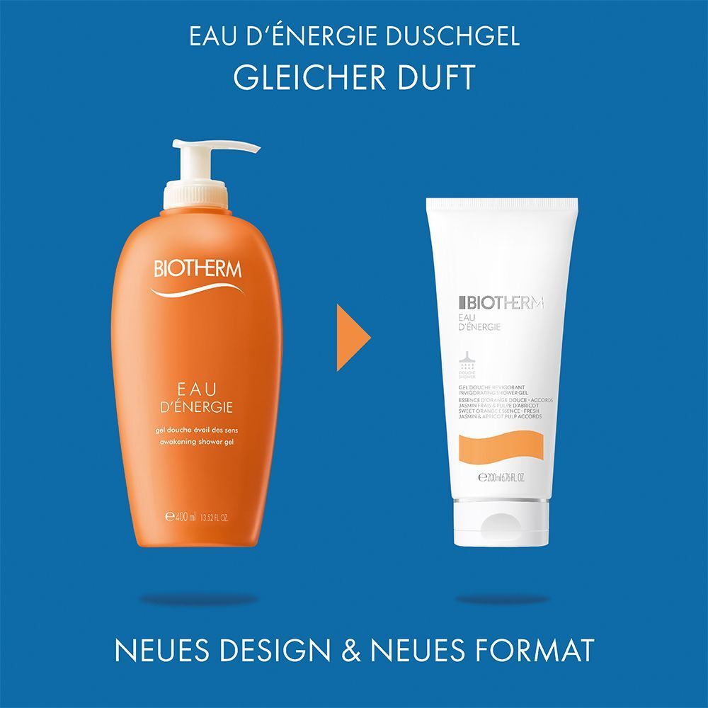 Vergleich: BIOTHERM Eau d'Energie in Flasche und Tube. Orangefarbene Flasche mit Pumpe, weiße Tube. Text: Eau d'Energie, Neues Design & Format.