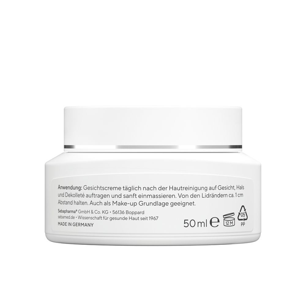Weißer Tiegel SEBAMED Akut Gesichtscreme Urea 5% parfümfrei. Rückseite mit Text und Logo. Aufschrift: 50 ml.