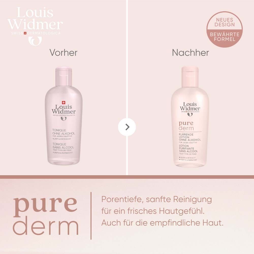 Vorher-Nachher-Vergleich. Links: Tonique. Rechts: purederm klärende Lotion. Text: Neue Formel. Sanfte Reinigung für frisches Hautgefühl.