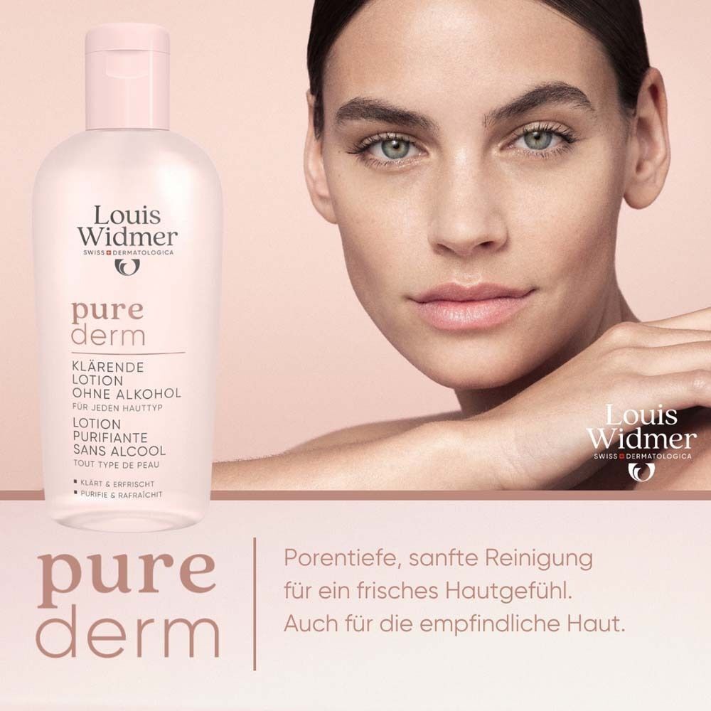 purederm klärende Lotion neben einer Frau. Produkt mit weißer Schrift. Ohne Alkohol. Für jeden Hauttyp.