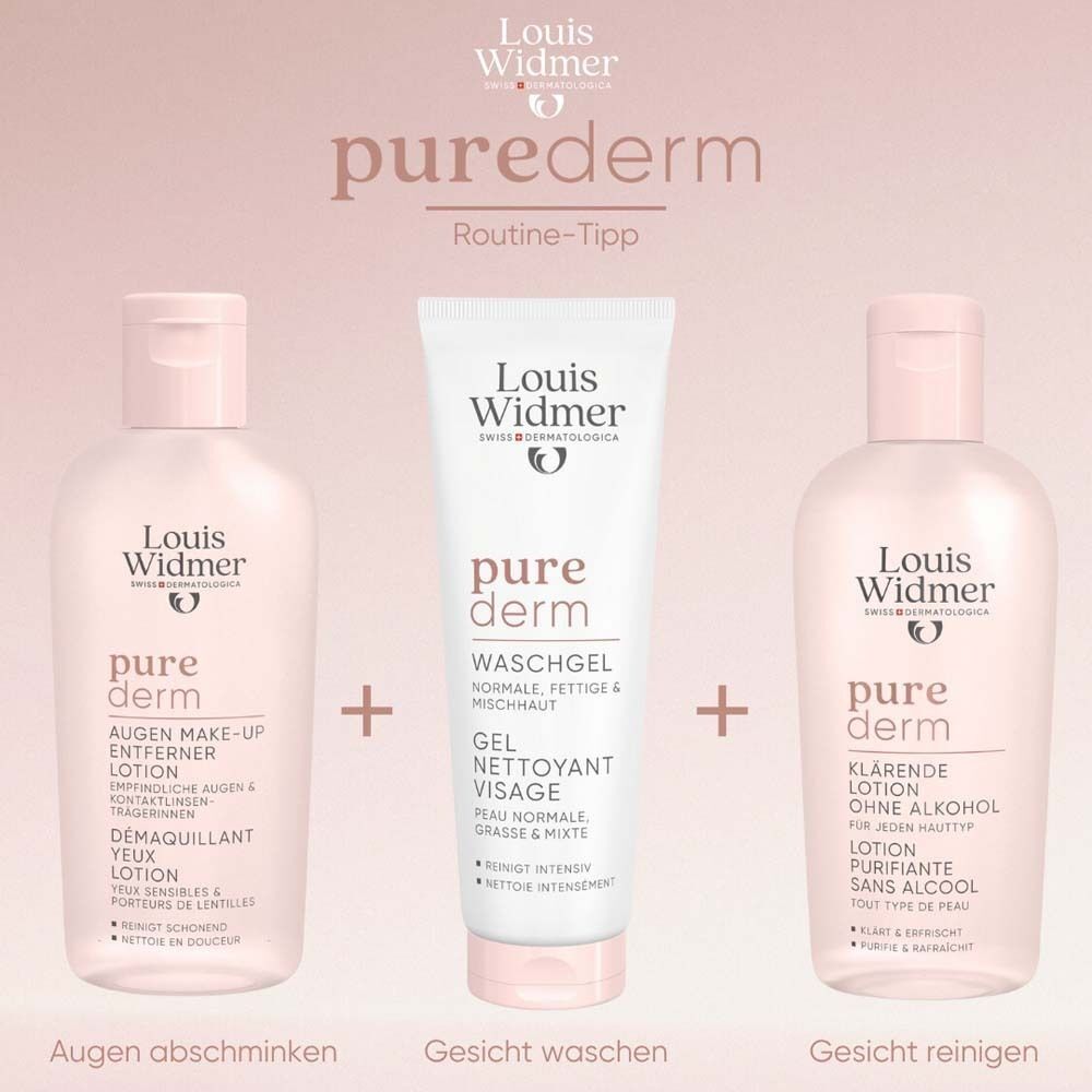 purederm Produkte: Augen Make-up Entferner, Waschgel, klärende Lotion. Text: Augen abschminken, Gesicht waschen, Gesicht reinigen.