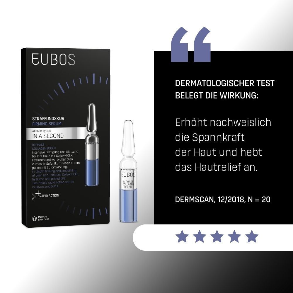 Schachtel und Ampulle. Text: Straffungsskur IN A SECOND. Dermatologischer Test belegt die Wirkung. 5 Sterne.