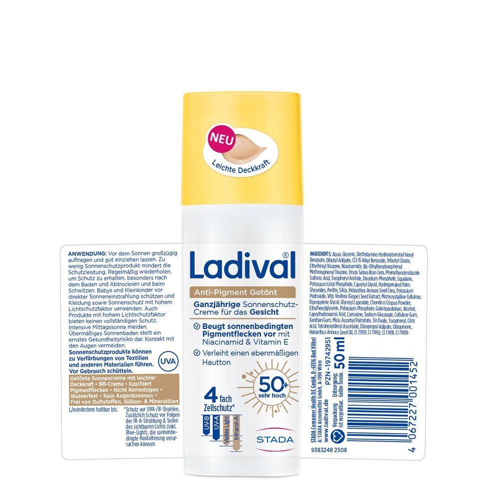 LADIVAL Anti-Pigment getönte Sonnencreme. Flasche mit gelber Kappe, weißem Behälter, brauner Schrift. Produktinformationen.