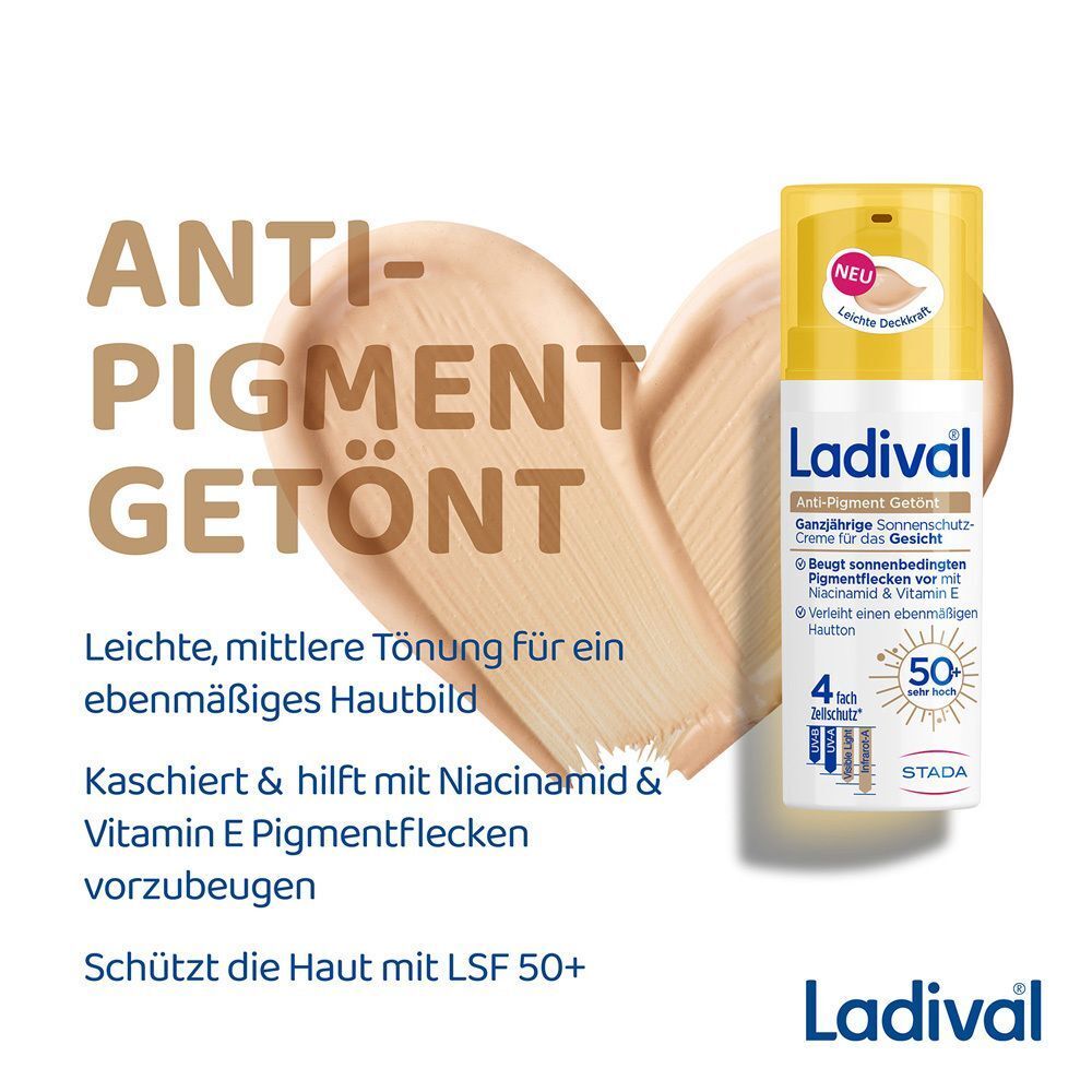 LADIVAL Anti-Pigment getönte Sonnencreme. Flasche, Text: Anti-Pigment getönt. Text: LSF 50+. Text: Schützt die Haut.