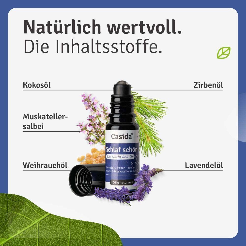 Roll-on mit Inhaltsstoffen: Kokosöl, Muskatellersalbei, Weihrauchöl, Zirbenöl, Lavendelöl. Text: Natürlich wertvoll. Die Inhaltsstoffe.