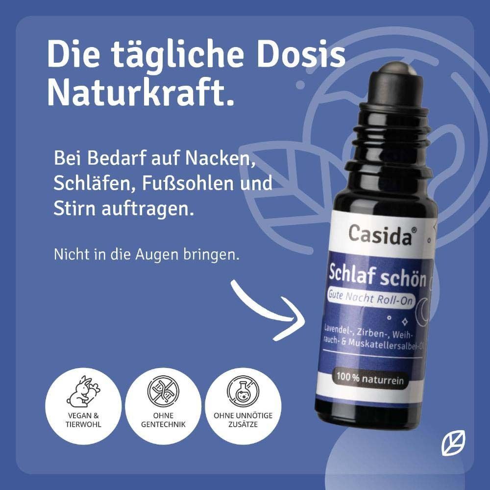 Roll-on mit Text: Casida, Schlaf schön, Gute Nacht Roll-On. Vegan & tierwohl, ohne Gentechnik, ohne unnötige Zusätze. Text: Die tägliche Dosis Naturkraft.