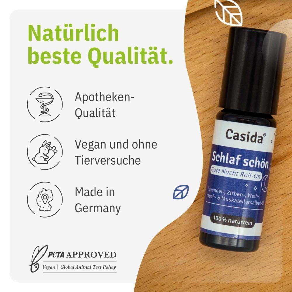 Roll-on mit Text: Casida, Schlaf schön, Gute Nacht Roll-On. Apotheken-Qualität, vegan und ohne Tierversuche, Made in Germany. PETA Approved.