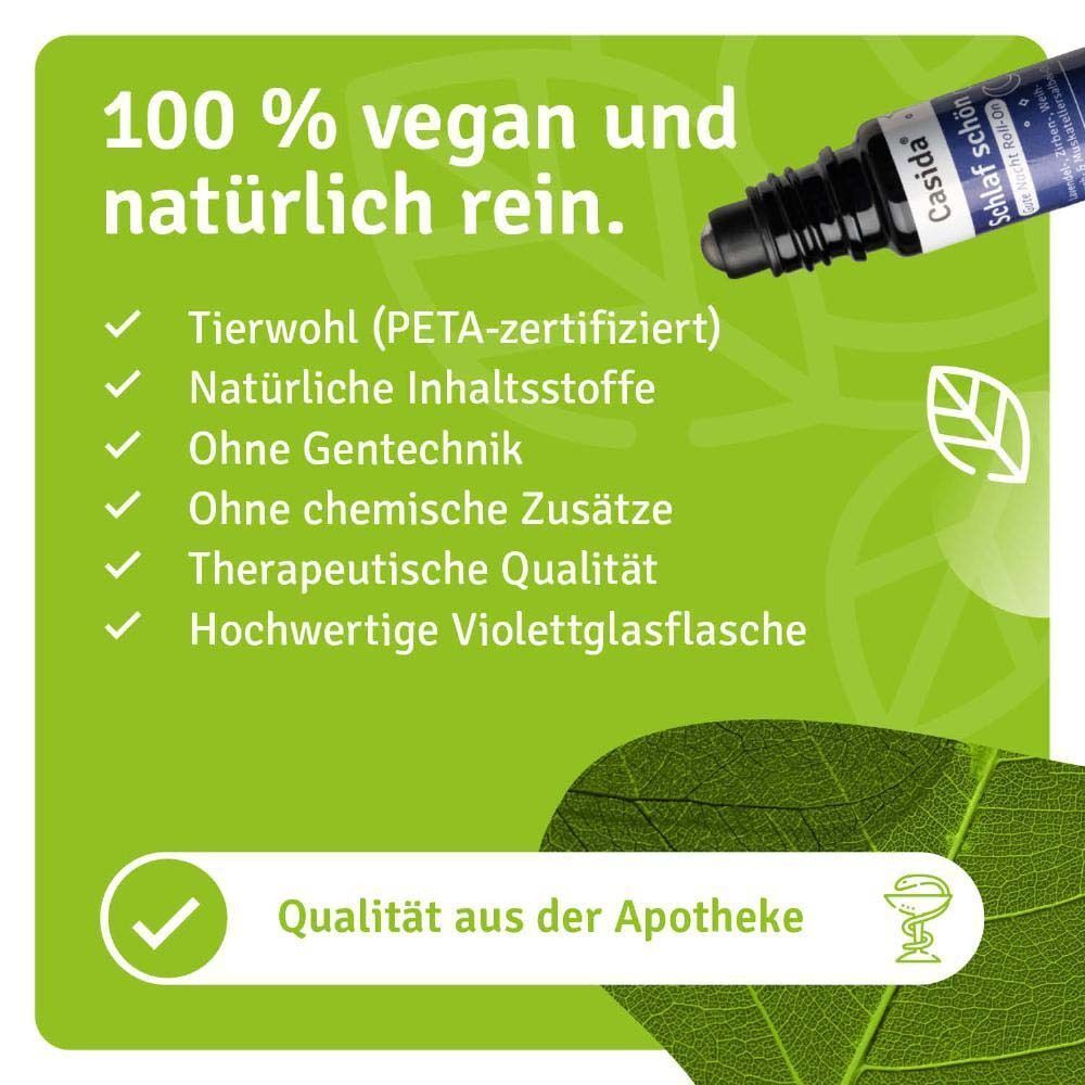 Roll-on mit Text: Casida, Schlaf schön, Gute Nacht Roll-On. 100% vegan und natürlich rein. PETA-zertifiziert, Qualität aus der Apotheke.